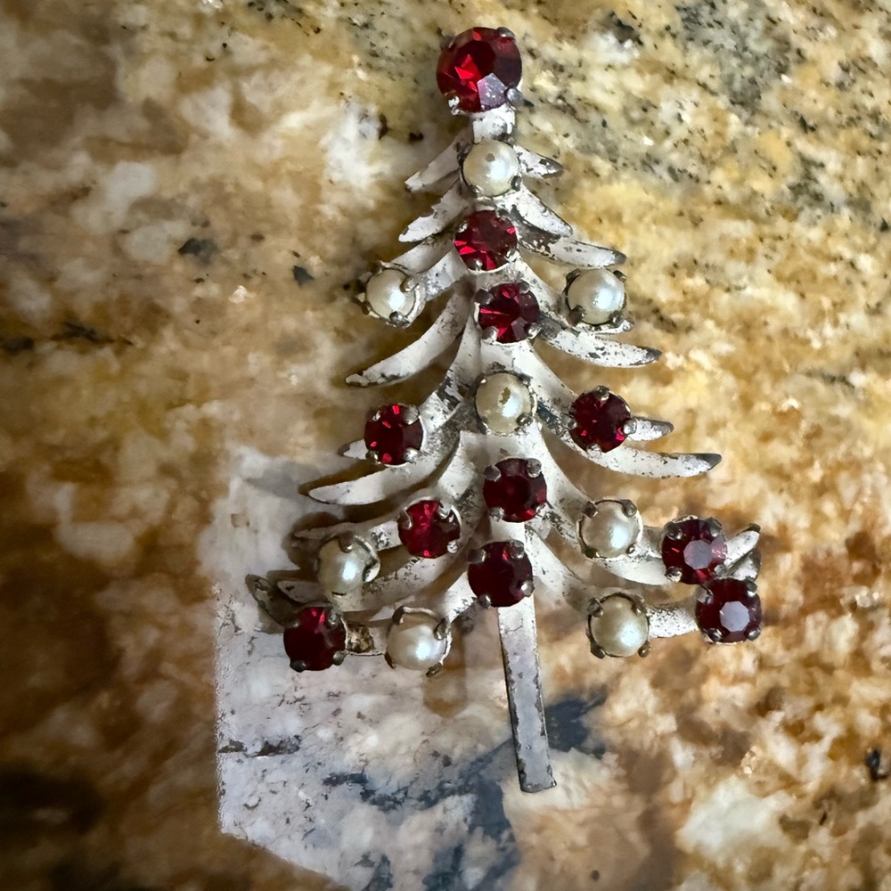 Vintage Made in Austria Festive Red and Silver Christmas Tree Brooch